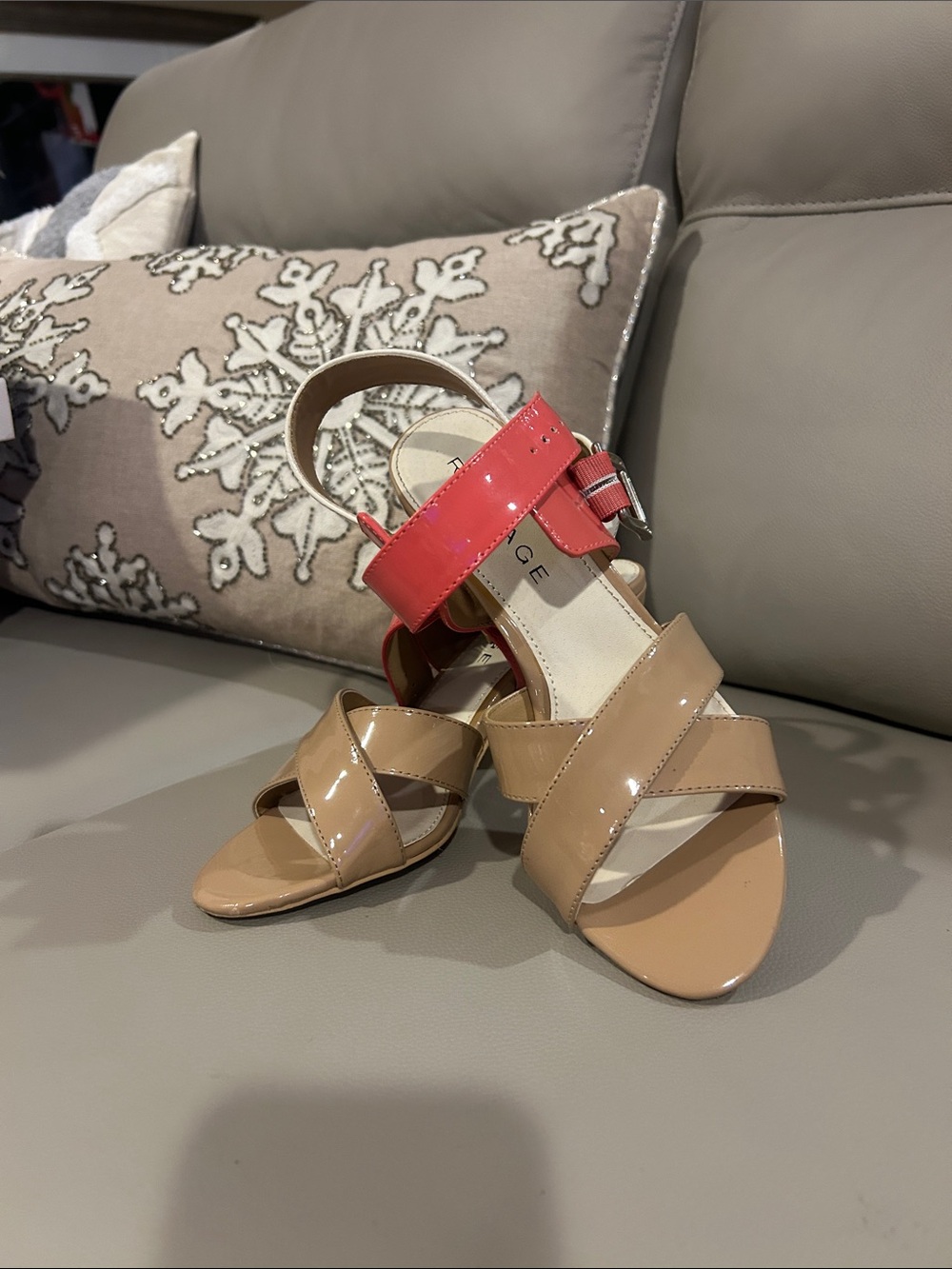 Women's Color blocked Patent Leather Sandals - Beige, coral, & cream